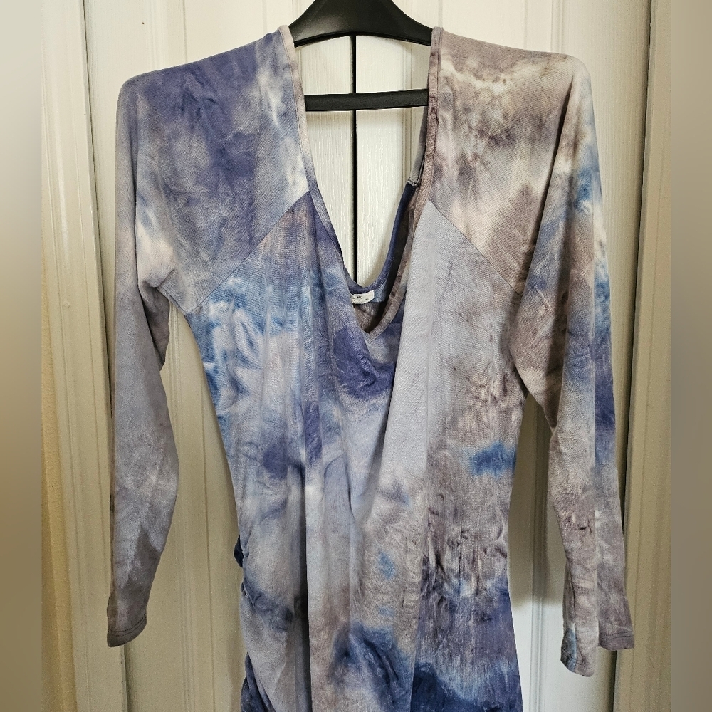 Follow Me Apparel Dress 3X Blue Purple Tie Dye Ruched Side Long Sleeve Dress - Picture 4 of 13
